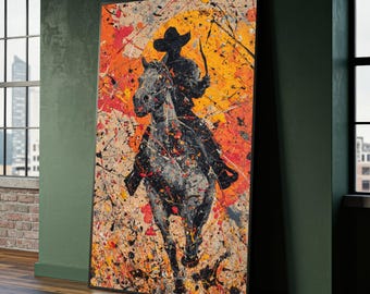 Dynamic Cowboy on Horseback Abstract Canvas, Western Western Art, Rustic Wall Decoration, Vibrant Orange Splatter Paint Canvas, Equestrian