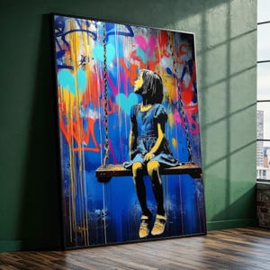 Toile fille Banksy - Décoration murale graffiti street art, cadeau pop art urbain prêt à accrocher, hommage coloré et audacieux pour les espaces modernes