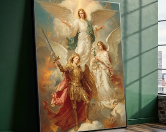 May include: A framed print depicting three angels in a heavenly scene. One angel is clad in golden armor and holds a sword, while the others wear flowing white robes. The artwork features a vibrant color palette with warm tones and detailed brushstrokes.