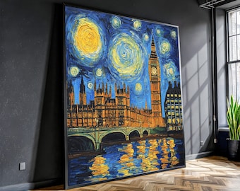Starry Night London Skyline Canvas, Big Ben Wall Art, Van Gogh Style Cityscape, Night Sky Reflection Canvas, Urban Landscape Decor, Ready to