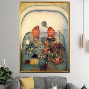 May include: A framed painting with a surrealist theme. The artwork shows a person's feet with red toenails in a bathtub, with a landscape of figures, a volcano, and a city skyline. The painting is presented in a gold frame.