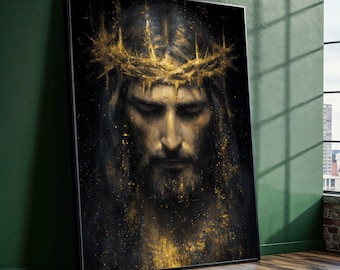Jezus met doornenkroon canvas muurkunst, religieus spiritueel portret, christelijk interieur, inspirerend geloof canvas schilderij