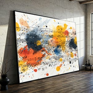 Abstract canvas muzieknoten, kleurrijke spetterkunst, modern muurdecor, canvas bladmuziek, artistieke huisdecoratie, klaar om op te hangen