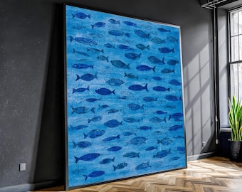Cuadro decorativo con estampado de peces azules - Lienzo con diseño costero y oceánico - Pintura minimalista de vida marina - Decoración con temática náutica
