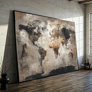 Op de afbeelding: Grote ingelijste wereldkaart kunstprint. Het kunstwerk heeft een textuur, abstract ontwerp met continenten in tinten bruin, zwart en beige tegen een neutrale achtergrond. De kaart is ingekaderd in een zwart frame.