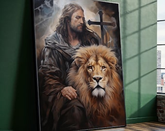 Spiritual Lion and Jesus Christ Canvas, Christian Religious Wall Art, Faith and Strength Canvas, Cross Symbol Artwork, Inspirational Home
