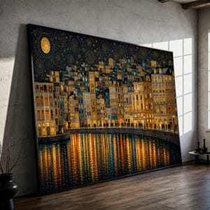 May include: A large rectangular wall art print depicting a dense cityscape at night along a curved riverbank. The scene features illuminated buildings with warm yellow lights, a dark blue starry sky with golden circular patterns, and reflections.