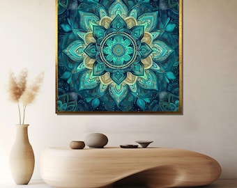 Könnte beinhalten: Gerahmter Wandkunstdruck mit einem türkis-goldenen Mandala-Design. Das Kunstwerk hat ein detailliertes, symmetrisches Muster mit einem zentralen kreisförmigen Motiv. Der Rahmen ist goldfarben, und die Gesamtästhetik ist dekorativ und spirituell.