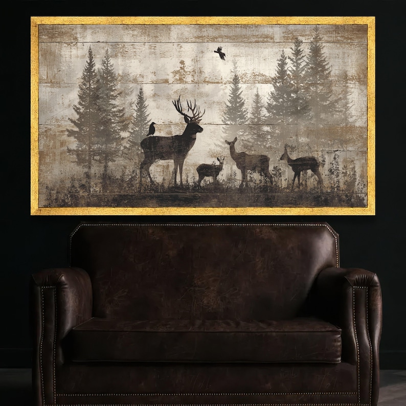 Rustic Woodland Deer Family Canvas, Vintage Forest Silhouette Wall Art, Nature Wildlife Canvas Decoration for Living Room image 4