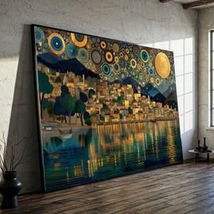 Gustav Klimt Gouden nacht stadsgezicht canvas muurkunst, reflectie abstracte stad, luxe huisdecoratie, artistieke canvasafdruk