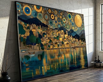 Gustav Klimt Goldene Nacht Stadtbild Leinwand Wandkunst, Abstrakte Stadt Reflexion, Luxuriöse Dekoration, Künstler Leinwanddruck