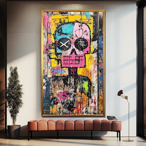 Graffiti Skull Canvas Painting – Neon Street Pop Wall Art, Ready to Hang, Gift for Bold Urban Art