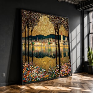 May include: A large rectangular wall art print featuring a landscape scene with a golden sky filled with circular patterns, dark tree silhouettes, a distant town reflected in water, and a foreground filled with colorful, dense floral patterns.