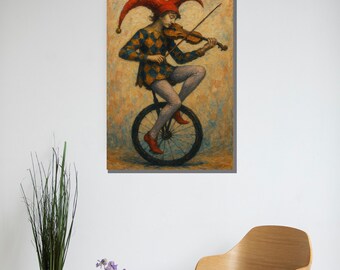 油彩画 ピエロ 一輪車に乗る道化師 額装 美術品・アンティーク・コレクション 油彩画 ピエロ 一輪車に乗る