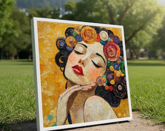 Klimt Woman Portrait Canvas Print, Vibrant Mosaic Female Painting, Golden Abstract Wall Art for Living Room Décor