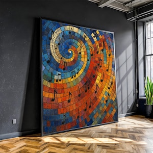 Färgglad spiralmålning med musik på canvas – Färdig att hänga väggkonst för vardagsrum – Unik present till musiker, bohemiska konstälskare och kreatörer