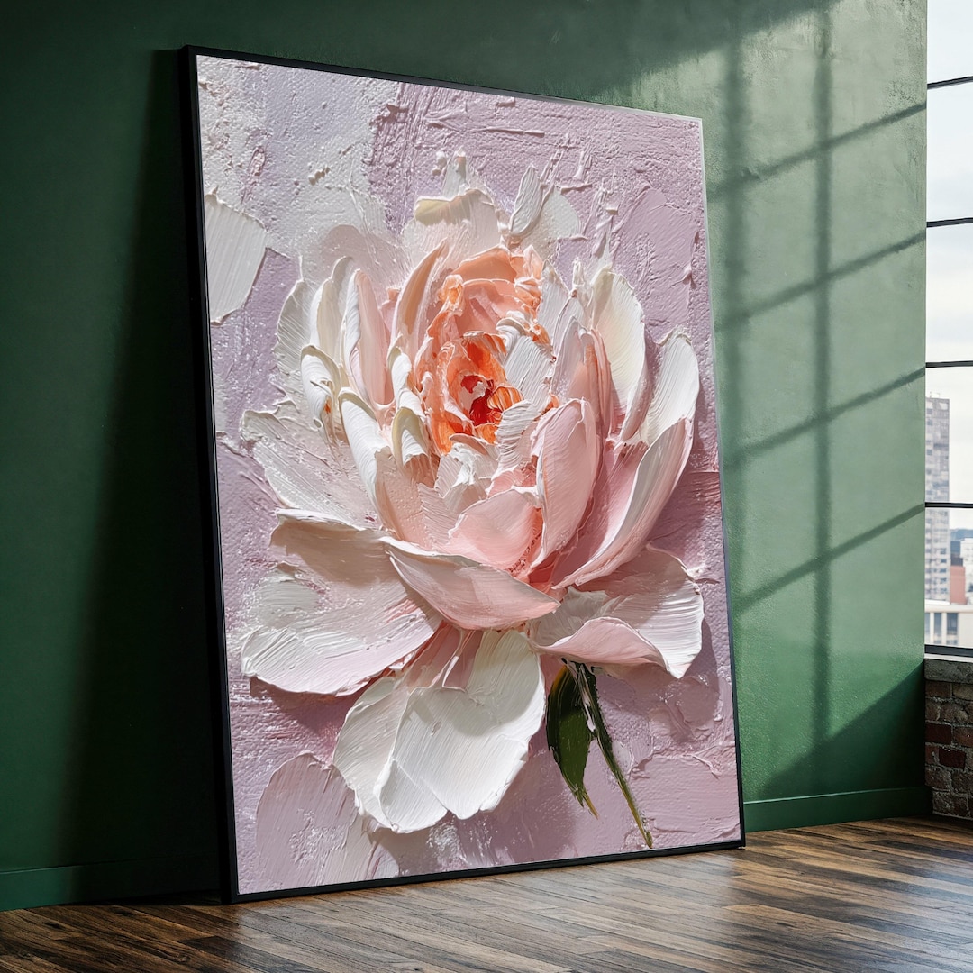 Soft Pink Peony Canvas, Floral Wall Art, Impasto Flower Painting ...