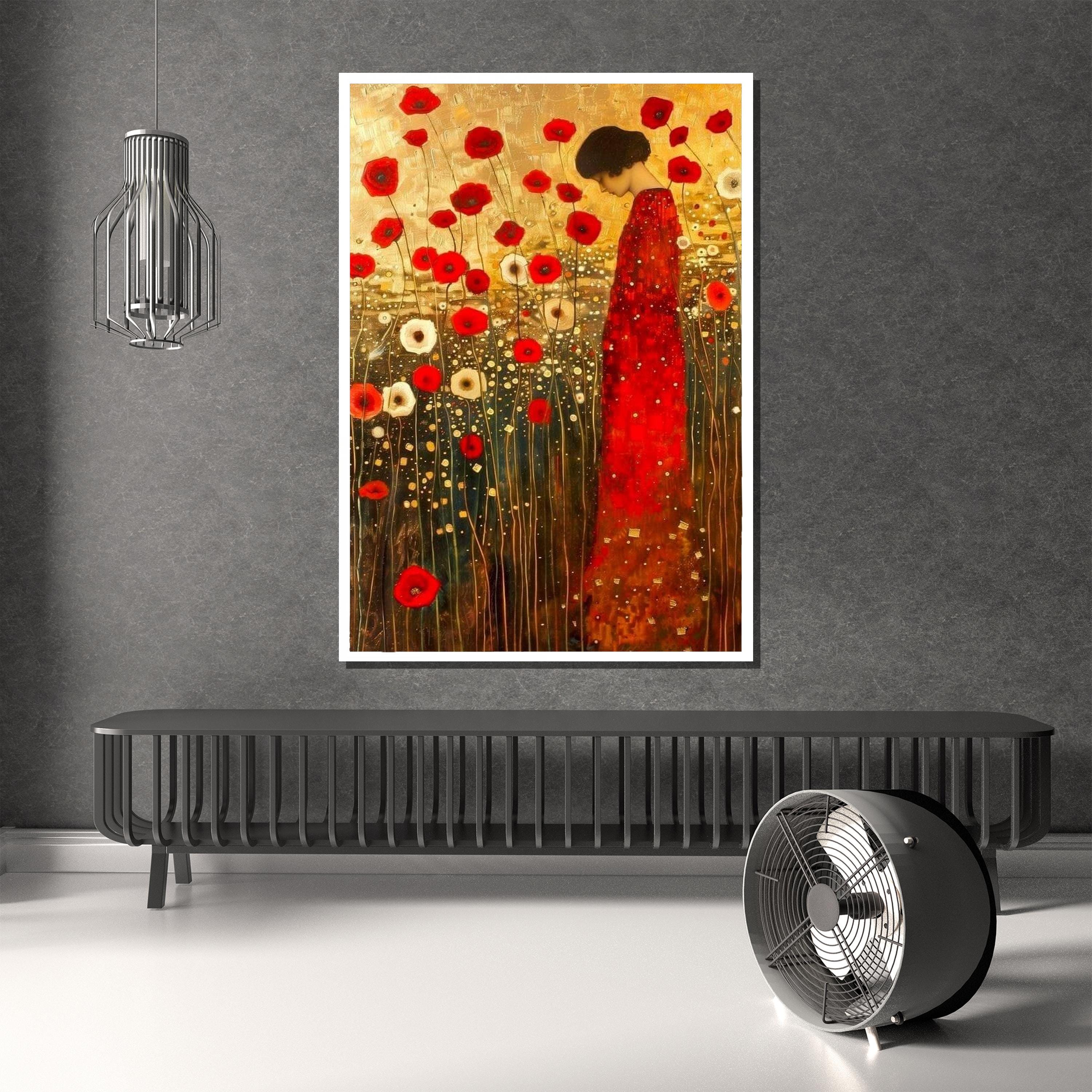 Golden Red Poppy Woman Canvas – Klimt Inspired Elegant Art Nouveau Wall ...