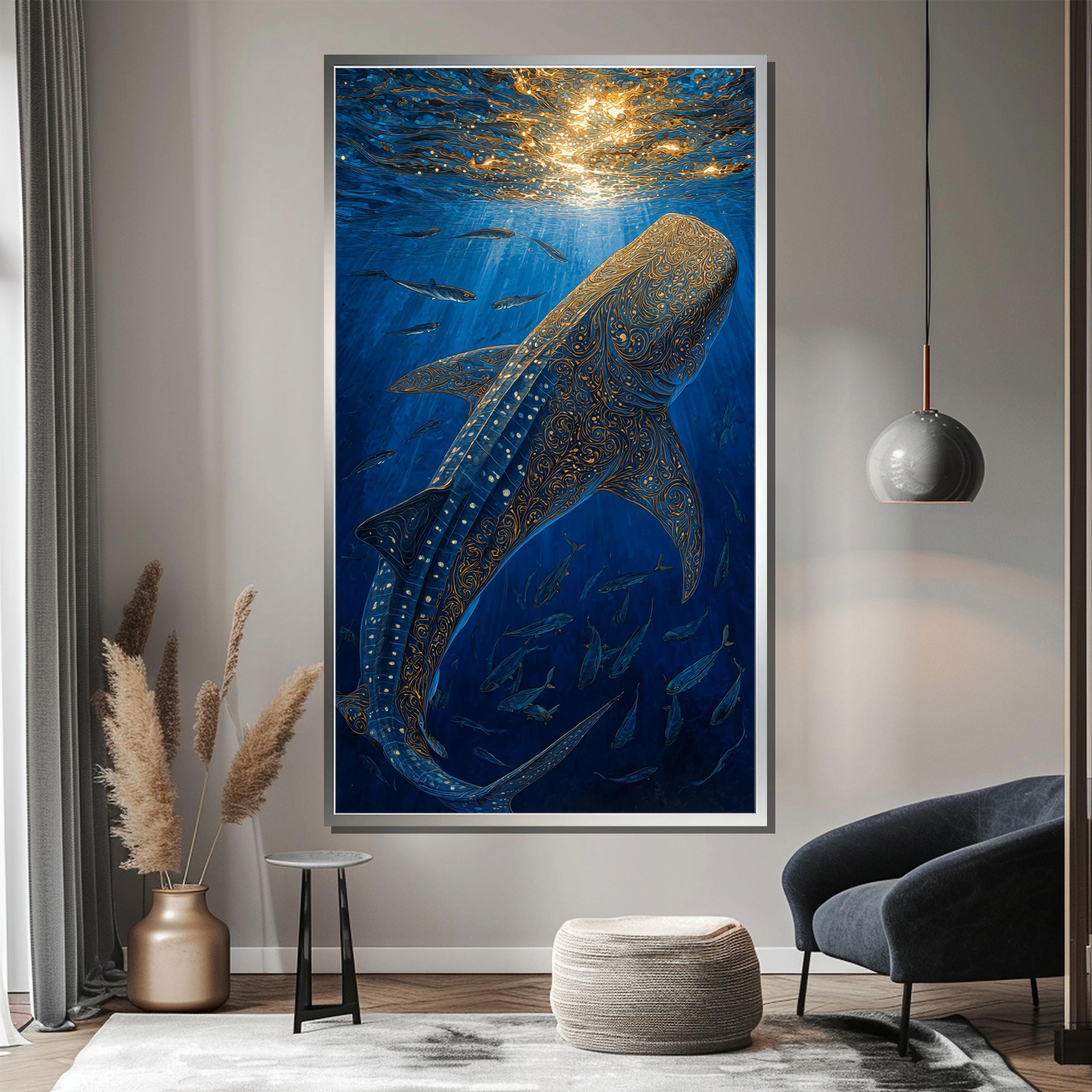 ジンベイザメのキャンバス絵画 - 深海ブルーオーシャンウォールアート