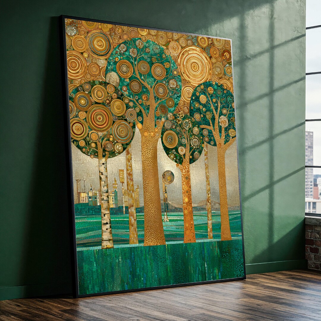 Klimt Mosaic Trees Canvas, Abstract Forest Wall Art, Gold and Teal ...