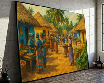 African Village Market Canvas Painting – Ready to Hang Wall Art for Living Room – Colorful Gift Celebrating Culture, Community & Tradition