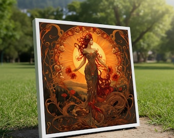 Alphonse Mucha Style Woman Portrait Canvas, Art Nouveau Goddess Painting, Decorative Floral Wall Art for Home Décor