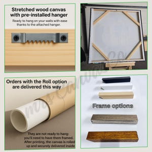 Puede incluir: Imagen que muestra un lienzo de madera estirado con un colgador preinstalado, listo para colgar. La imagen tambi&eacute;n muestra la entrega de lienzo enrollado y varias opciones de marco. El texto dice: "Listo para colgar en tus paredes con facilidad gracias al colgador adjunto."