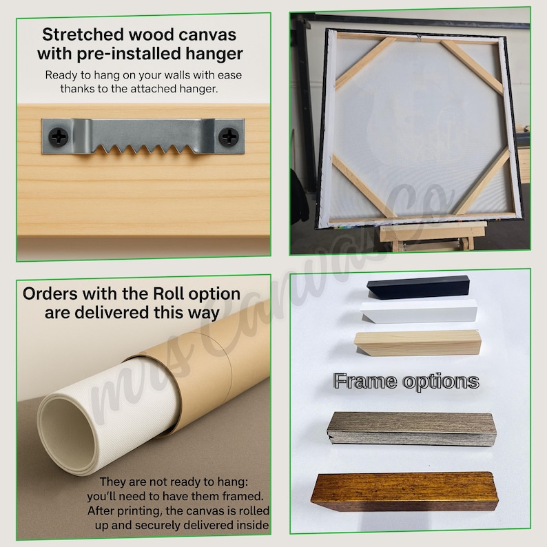 Puede incluir: Imagen que muestra un lienzo de madera estirado con un colgador preinstalado, listo para colgar. La imagen tambi&eacute;n muestra la entrega de lienzo enrollado y varias opciones de marco. El texto dice: "Listo para colgar en tus paredes con facilidad gracias al colgador adjunto."