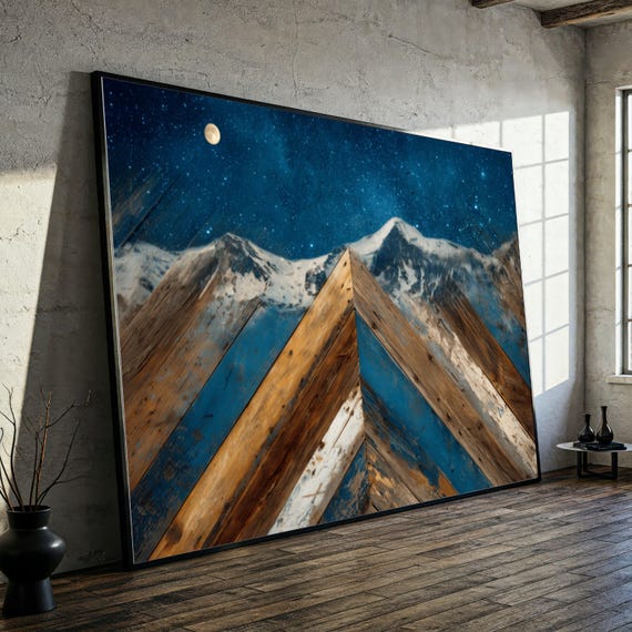 Rustic Mountain Landscape Canvas, Starry Night Sky Art, Wooden Wall Decor, Nature Scene Canvas, Moonlit Alpine View
