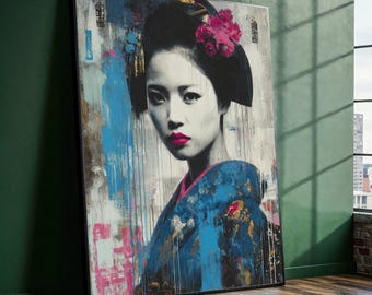 Elegante lienzo con retrato de geisha, obra de arte de mujer japonesa, arte mural con kimono azul, pintura de cultura asiática, lienzo decorativo moderno.