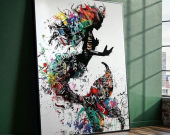 May include: A framed art print featuring a silhouette of a figure with a colorful, abstract design. The artwork incorporates a mix of vibrant colors and text elements, creating a dynamic and modern aesthetic. The print is set against a white background.