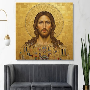 Gustav Klimt Stil Jesus Porträt Leinwand, Gold religiöse Wandkunst, ikonische heilige Kunstdruck, spirituelle Wohnkultur, moderne klassische Leinwand Bild 5