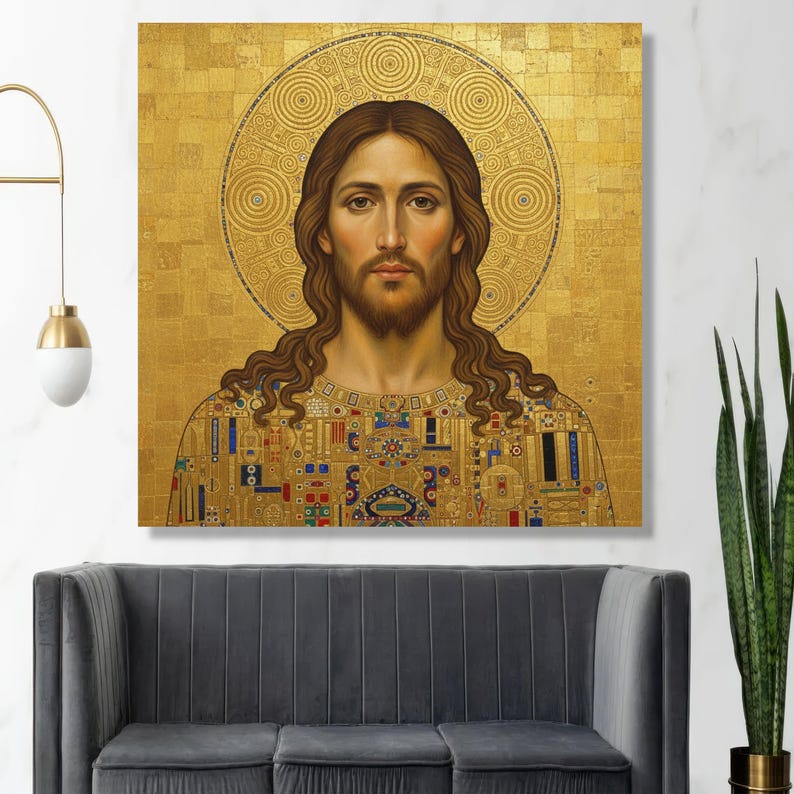 Gustav Klimt Stil Jesus Porträt Leinwand, Gold religiöse Wandkunst, ikonische heilige Kunstdruck, spirituelle Wohnkultur, moderne klassische Leinwand Bild 5