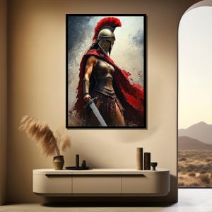May include: Framed artwork depicting a warrior in ancient armor, holding a sword. The warrior wears a helmet with a red plume and a flowing red cape. The artwork is set against a dramatic, cloudy background.