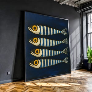 Canvas muurkunst sardinevis – gestreept nautisch schilderij, klaar om op te hangen cadeau voor kustkeuken of strandhuis