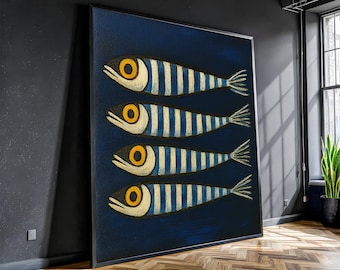 Sardine Fish Canvas Wall Art – Striped Nautical Painting, Ready to Hang Gift for Coastal Kitchen or Beach House