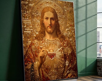 Sacred Heart of Jesus Gold Mosaic Canvas, Byzantine Style Religious Wall Art, Spiritual Artwork, Luxury Iconic Gold Canvas Decor