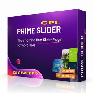 May include: A product box with a purple gradient background features the text "GPL PRIME SLIDER" in white and yellow. The box also includes the text "The smashing Best Slider Plugin for WordPress" and "DIGIWEBPIX."