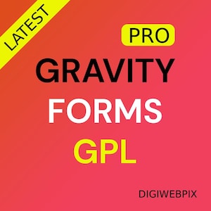 Puede incluir: Gráfico con fondo rojo degradado con las palabras "GRAVITY FORMS GPL" en letras grandes, en negrita, blancas y amarillas. La palabra "PRO" está en un rectángulo amarillo. La palabra "LATEST" está en una pancarta diagonal amarilla.