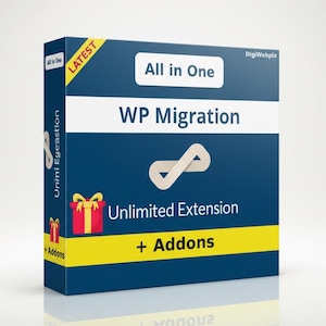 以下が含まれることがあります： 「All in One WP Migration」と「Unlimited Extension + Addons」の文字が入った青い箱。白い無限大のシンボルと赤いギフトボックスのグラフィックがあります。「LATEST」の文字が黄色のバナーに表示されています。