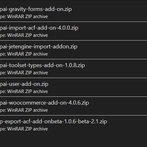 May include: A list of seven WinRAR ZIP archive files displayed on a dark background. Each file entry includes a colorful icon of stacked books with a belt and the specific filename, such as wpai-gravity-forms-add-on.zip and wp-export-acf-add-onbeta-1.0.6-beta-2.1.zip.