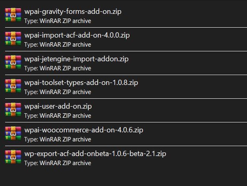 May include: A list of seven WinRAR ZIP archive files displayed on a dark background. Each file entry includes a colorful icon of stacked books with a belt and the specific filename, such as wpai-gravity-forms-add-on.zip and wp-export-acf-add-onbeta-1.0.6-beta-2.1.zip.
