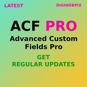Puede incluir: Una imagen digital con un fondo degradado verde, amarillo y rosa. El texto muestra "ACF PRO" en negro y rosa, con "Advanced Custom Fields Pro" debajo. El texto verde dice "GET REGULAR UPDATES".
