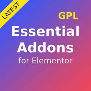Op de afbeelding: Een digitale afbeelding met een verloopachtergrond van paars, blauw en rood. Witte tekst luidt "Essential Addons for Elementor" met "GPL" in geel erboven. Een gele banner in de linkerbovenhoek zegt "LATEST".