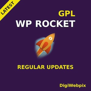 Könnte beinhalten: Grafik mit dunkelviolettem Hintergrund mit dem weißen Text „WP ROCKET“ und dem gelben Text „GPL“ darüber. Eine Cartoon-Rakete in Orange und Rot befindet sich in der Mitte. Die Worte „REGULAR UPDATES“ stehen unten in Gelb.