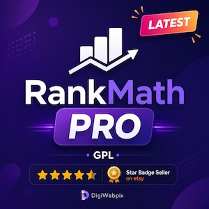 Könnte beinhalten: Eine digitale Grafik mit dem Text RankMath PRO und GPL in Weiß vor einem dunkelvioletten Farbverlaufshintergrund. Sie enthält ein weißes Balkendiagramm-Symbol mit einem Pfeil nach oben, ein LATEST-Abzeichen, fünf gelbe Sterne und ein Star Badge Seller on etsy-Etikett.