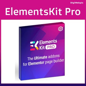 Può includere: Una scatola con un design sfumato viola e blu, con il testo "ElementsKit Pro" in bianco. La scatola mostra anche il testo "The Ultimate addons for Elementor page builder."