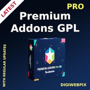 May include: A navy blue box with the text "Premium Addons PRO GPL" and a star-shaped logo. The box also has the text "For elementor" and "Latest" and "With Regular Updates". The background is a gradient of dark blue.