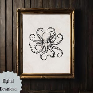 Kraken Wall Art | Kraken Printable | Vintage Nautical Digital Download | Fisherman Aesthetic Print | Coastal Gothic Wall Decor |