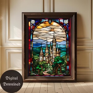 Art mural en vitrail de château médiéval | Décoration murale imprimable en vitrail | Château imprimable | Art mural château en téléchargement numérique |